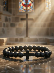 8毫米天然哑光玛瑙十字珠手链，弹性手链，宗教手环，男女皆宜 - 黑色 - 查看 13