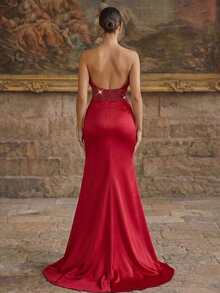 Smilprince 女士无袖红色梭织面料派对连衣裙，无肩带领口，高开衩设计 - 酒紅色 - 查看 2