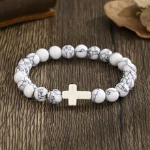 1PC 8MM Natural Stone Cross Healing Bracelet Gift For Christians With Prayer Card - White Turquoise - View 5