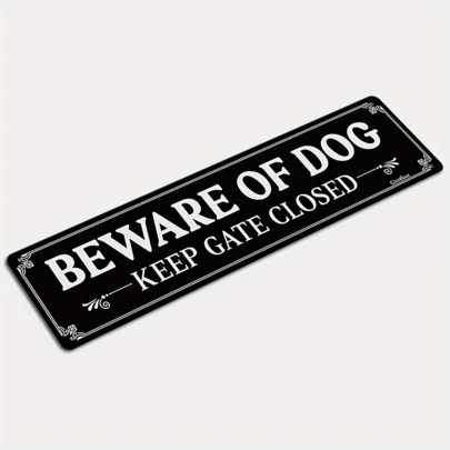 1 biển báo kim loại "Cẩn thận chó dữ, luôn đóng cửa!", 10cm x 40cm, nền đen chữ trắng, trang trí tường trong nhà/ngoài trời, biển báo đa năng cho ngày lễ, an toàn nhà cửa và bếp núc, an toàn cửa | Phông chữ trang nhã | Nền có vân, trang trí hình chó, chỉ dùng để trang trí.