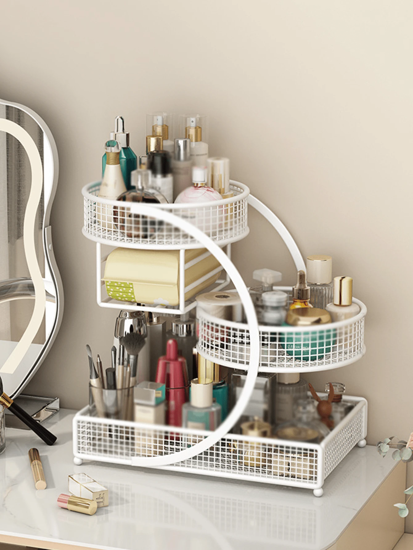 Luxury 3-Tier Rotating Cosmetic Storage Rack | Large Capacity Iron Wire Basket Makeup Organizer