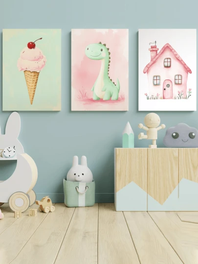 1pc Framed Baby Room Canvas Wall Art Adorable Children's Room Decorative Painting Baby Room Wall Decoration Cute Nursery Decor Dinosaur-Themed Nursery Decor Ice Cream-Themed Nursery Decor Baby Room Decorative Painting Baby Girl Room Wall Decoration Baby Gift Nursery Decor, Preschool Decor