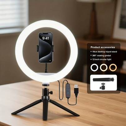 Bộ đèn LED vòng điều chỉnh độ sáng 10 inch - Cấp nguồn qua USB, kèm chân đế và giá đỡ điện thoại, đèn LED vòng di động dùng cho trang điểm, chụp ảnh, quay vlog, phát trực tiếp.