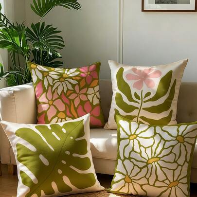 4Pcs Boho Chic Style Throw Pillow Covers - 17.7*17.7 Inches, Single-Sided Print, Retro Floral Pattern Cushion Covers, Zipper Closure & Machine Washable, Suitable For Bedroom Living Room Outdoor Decor, Not Insert Included