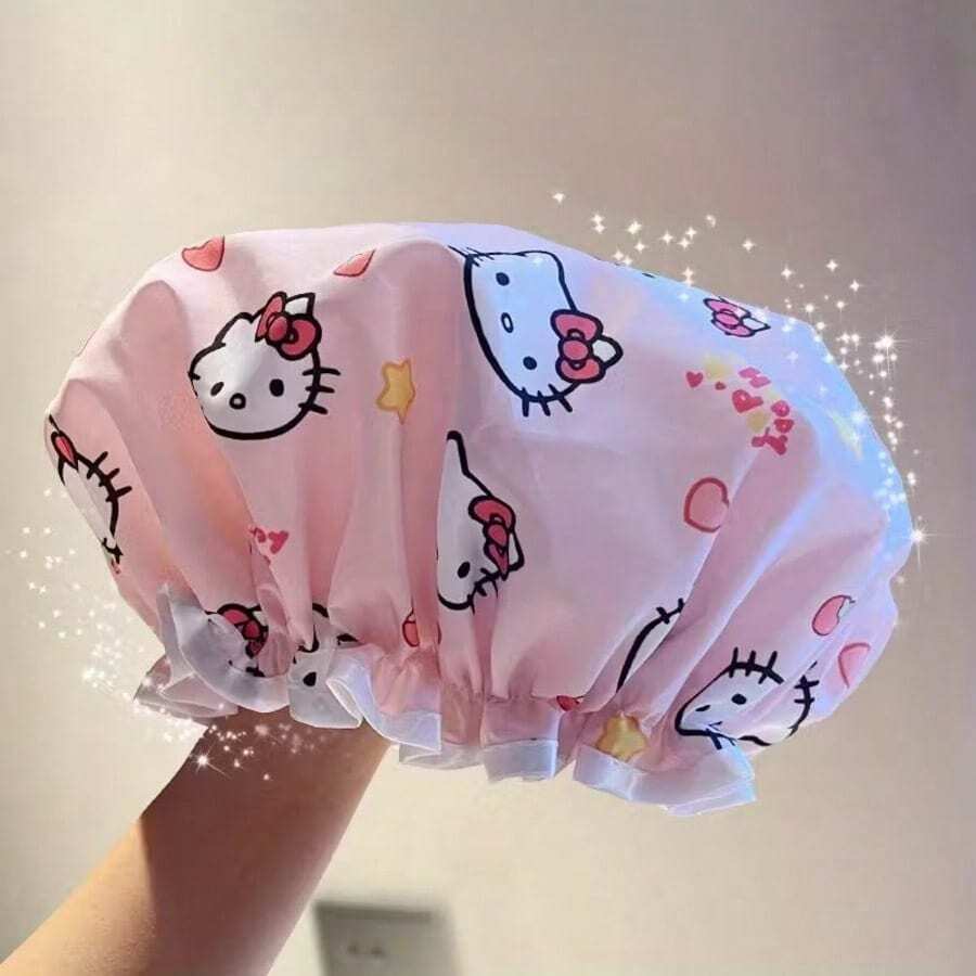 SANRIO 1 chiếc mũ tắm KT hình mèo, hai lớp chống thấm nước, họa tiết mèo dễ thương, co giãn, chống ẩm, mũ chống dầu mỡ nhà bếp - Quà tặng - Phiên bản dày - Xem 1