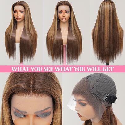 Tóc giả ren phía trước, tóc thật pha trộn, kích thước 13x4, 13x6, 5x5, tóc thẳng, mật độ 200, không cần keo dán, dành cho nữ, đã được tỉa sẵn với tóc con, màu highlight ombre vàng mật ong #4/27, dài 24 inch.
