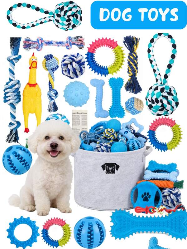 12pcs Durable Dog Toys, Random Styles & Materials, Large Size Chew Toys, Teeth Cleaning, Tug Of War, Boredom Relief, Encourage Interactive Play