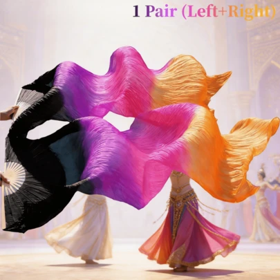 1 Pair (Left+Right) Belly Dance Fans Women Artificial Silk Long Bamboo Fans Veils Belly Dancing Faux Silk Fans For Dance Performance