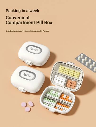 صندوق منظم أقراص محمول لمدة 7 أيام، موزع أدوية مدمج، حافظة تخزين فيتامينات/مكملات/مجوهرات، 7 تجويفات مستقلة، مانع تسرب، مقاوم للغبار، شفاف