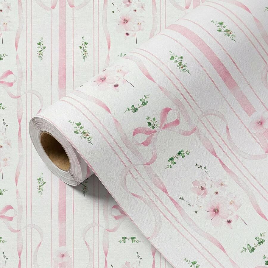 1卷44.5厘米宽自粘墙纸，粉色条纹蝴蝶花卉墙贴，可移除且易于粘贴，防水且易于清洁，适用于卧室、儿童房的DIY墙面装饰 - 櫻花序 - 查看 1