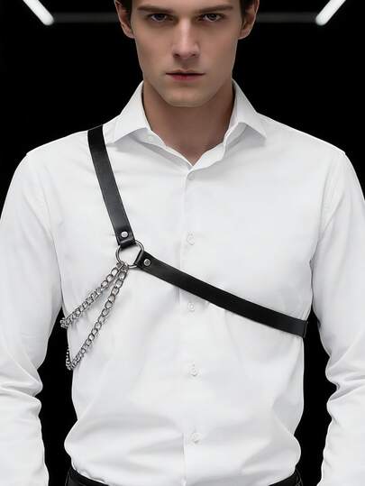 时尚朋克单肩带PU皮革链条胸带单侧束缚带，适合日常佩戴及情人节、音乐节等节日情趣配饰