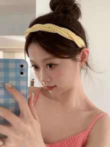 1件复古格子发箍，夏季编织格子发圈，防滑齿状发夹，少女风发饰 - 彩色 - 查看 6