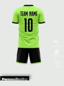 2pcs Fluorescent Green Customized Football Jersey Set (Top And Shorts) - Personalized With Name And Number, Black Trim Breathable Football Uniform Suitable For Youth And Adults, Applicable For Football, Basketball, Volleyball Matches, Training And Daily Wear, Jersey For Men - Green - View 3