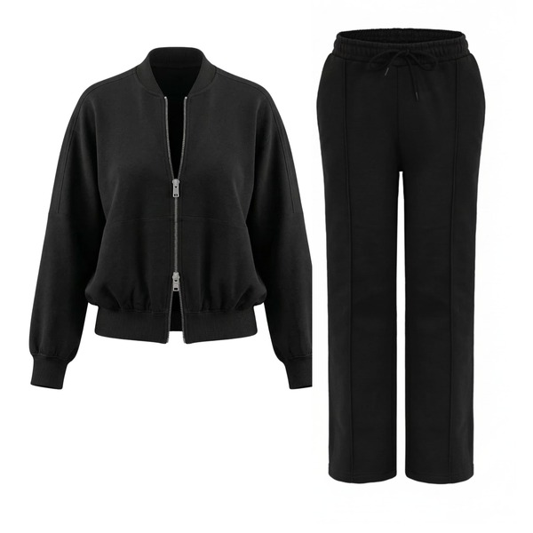 Absanoh Women Interlock 2Pc Double Zip Tracksuit Set, Jacket And Trouser, Long Sleeves Bomber Jacket And Straight Leg Pants, Perfect For All Seasons, Top Set