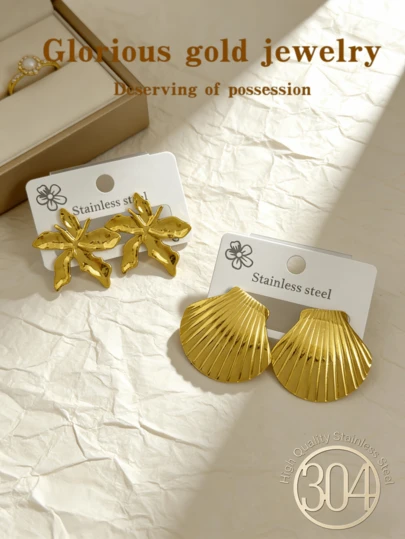 Gold Shell Flower Stainless Steel Earrings Set - Women's Beach Earrings - Women's Shell Dangling Earrings - Summer Ocean Vacation - Beautiful Jewelry Suitable For Beach Vacation In Summer