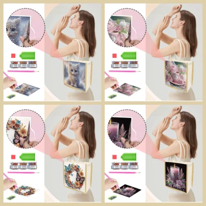 1pc Diamond Painting Tote Bag, Cat, Drink Cup, Butterfly & Flower Pattern, Canvas Material With Asymmetrical Diamond Decor, Customizable Design, Suitable For Home Storage Or Carrying Personal Items