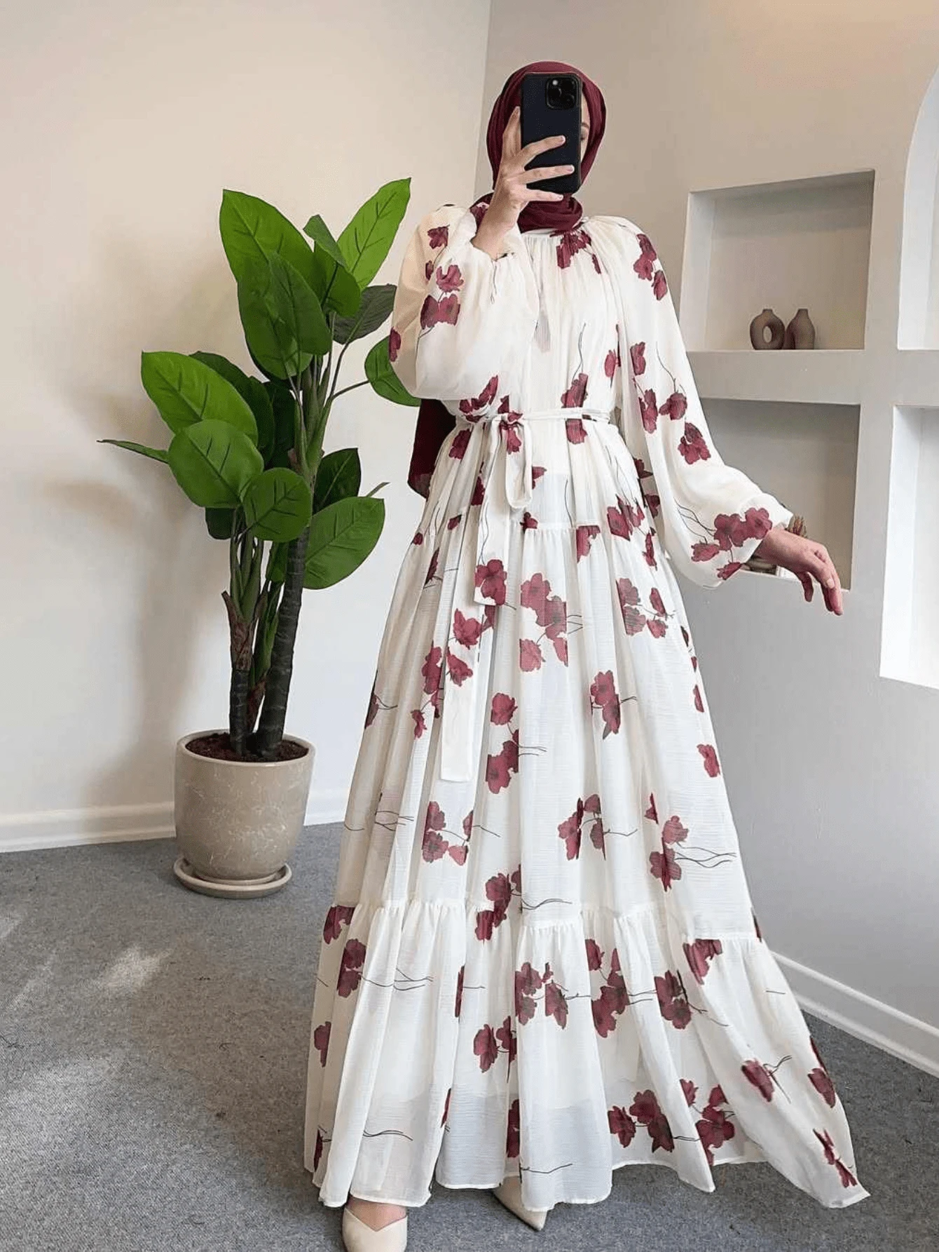 Đầm nữ họa tiết hoa, cổ tròn, tay phồng, kiểu dáng Ả Rập thanh lịch, thích hợp cho mùa xuân. - Đỏ - Xem 1