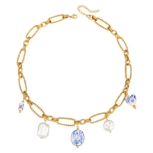 Handpainted Blue Lotus Ceramic Beaded Bohemian Style Shell Layered Necklace, Gold Chain With Baroque Pearl Heart Pendant, Summer Beach Vibe Jewelry For Women - Gold - View 10