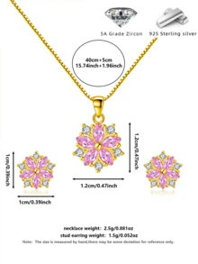 S925 Sterling Silver Sakura Flower Earrings & Necklace Set, Cubic Zirconia Inlaid Delicate Jewelry Gift Box - Multicolor - View 2