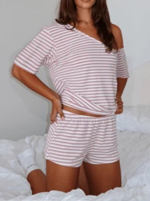 Women Summer Pajama Set Solid Color Off Shoulder Short Sleeve Tops And Mini Shorts 2 Piece Lounge Outfit - Pink - View 1