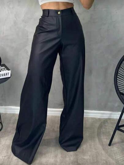 Calça Feminina Couro Fake Wide Leg Pantalona Com Bolsos Zipe