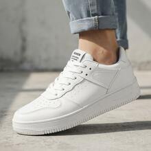 Tenis para hombre y tenis de hombre en oferta zapatos cómodos informales con suela gruesa de plataforma calzado deportivo transpirable fabricado en PU sintético y suela EVA ligera diseño liso con cordones estilo casual de moda urbana zapatillas versátiles para caminar uso diario y deporte ligero y cómodo - Blanco - Ver 2