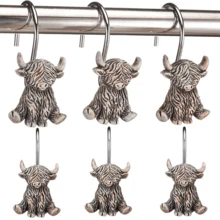 12pcs Rustic Country Western Cowboy Highland Cow Resin Stainless Steel Rust-Proof Decorative Shower Curtain Hooks, Bathroom Accessories, Bathroom Decor, Curtain Hooks - 12pcs Brown - View 2