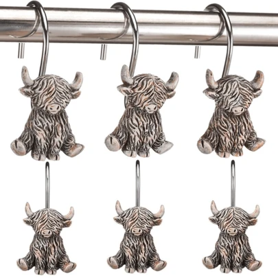 12 piezas Ganchos decorativos de cortina de ducha de acero inoxidable a prueba de óxido con diseño de vaca de las tierras altas en estilo rústico y campestre, accesorios de baño, decoración de baño