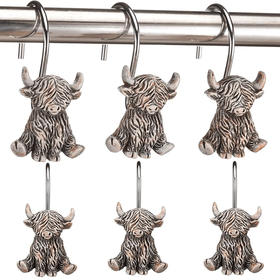 12pcs Rustic Country Western Cowboy Highland Cow Resin Stainless Steel Rust-Proof Decorative Shower Curtain Hooks, Bathroom Accessories, Bathroom Decor, Curtain Hooks
