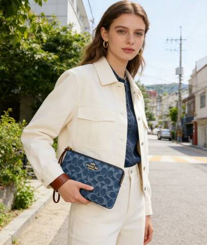  COACH 女士优雅手腕包/手拿包，16 号，饰有品牌标志拉链，采用合成革和二层牛皮制成，小号