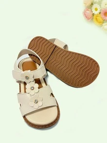 Sandalias planas de moda para niñas, decoradas con 3 flores pequeñas, sencillas y versátiles, de moda y cómodas, adecuadas para uso diario, compras, viajes y vacaciones - Beis - Ver 3