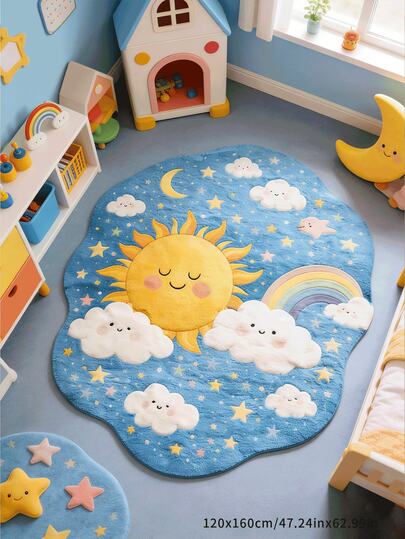 1pc Sunny Day Cloud Whimsical Shaped Carpet, Featuring Warm Yellow Sun And 3D White Clouds, Decorated With Stars, Rainbows, Crescent Moon And Cute Cartoon Animals, Healing Childlike Style, Suitable For Reading Area, Bedroom Decor, Small Rug, Carpet, Home Decor, Living Room Carpet, Bedroom Carpet, Outdoor Carpet, Washable Carpet