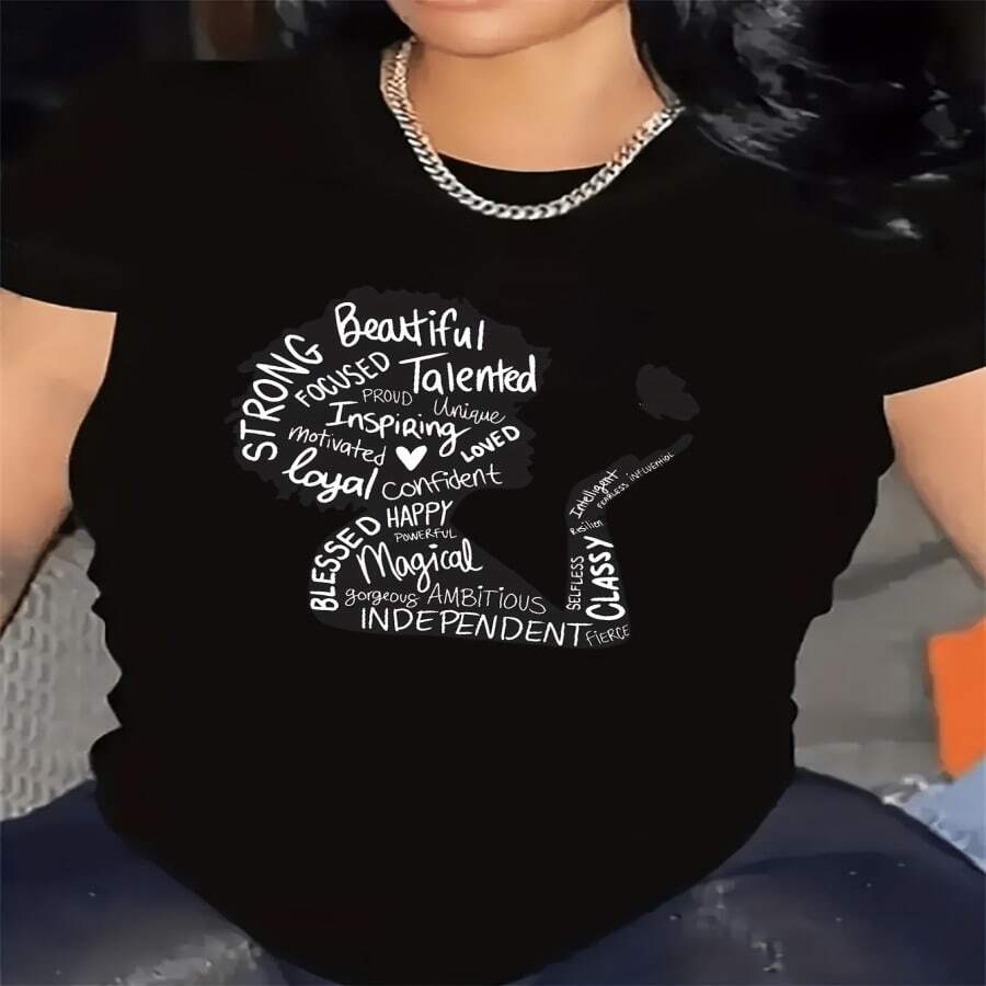 Camiseta para oficina en casa, duradera y cómoda con diseño de palabras inspiradoras, ideal para entornos casuales o de restaurante, material de tela suave, prenda superior elegante y ligera, ropa de mujer - Multicolor - Ver 1