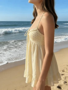 Women's Summer Dot Print Cami Dress White Sleeveless Ruffle Trim Herm Tie Up Beach Dress - Màu vàng - Xem 4