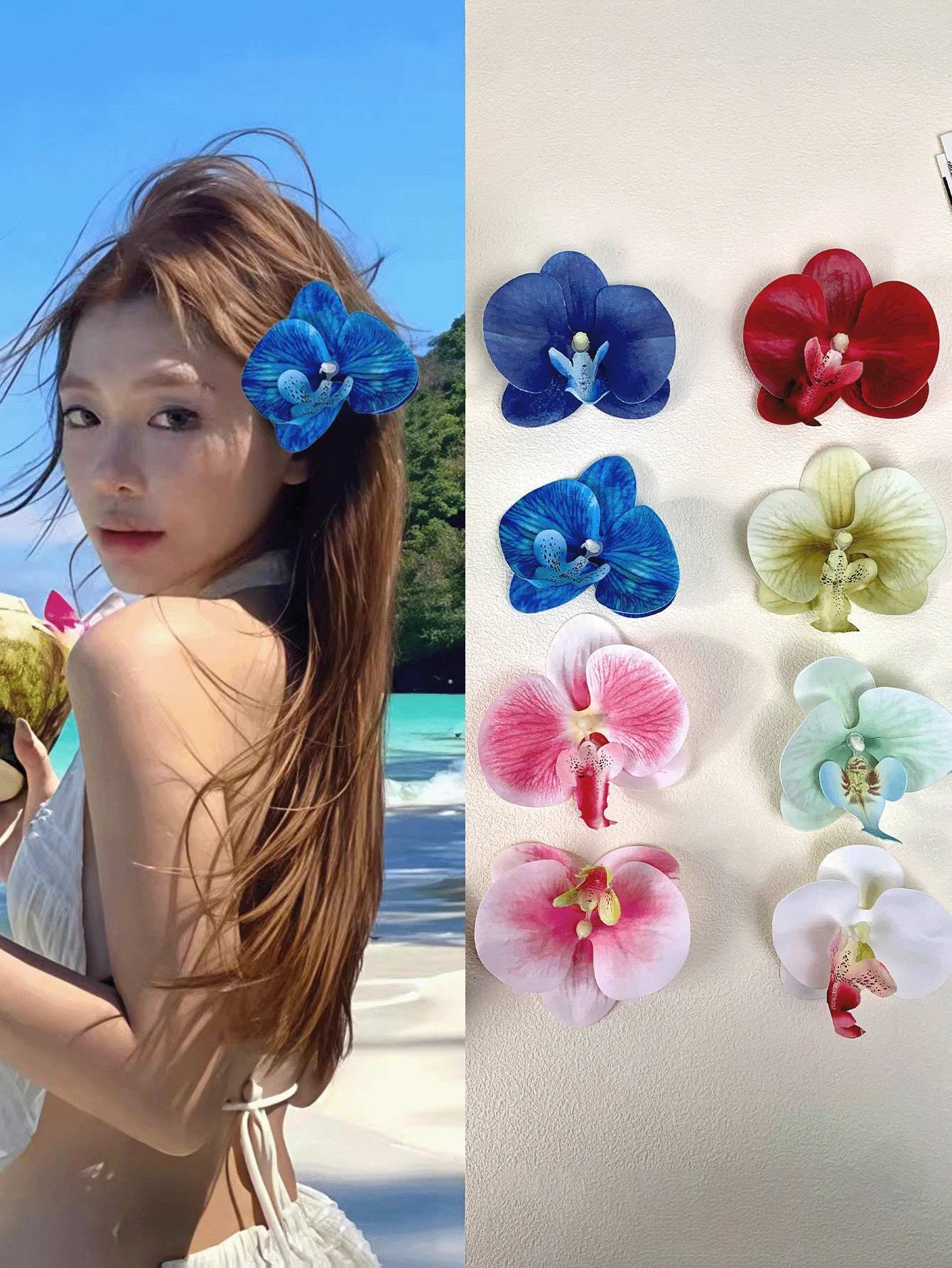 8 件装夏季兰花发夹夏威夷热带花卉发卡人造蝴蝶兰发饰，适合女性女孩海滩度假婚礼夏威夷派对（8 种颜色）