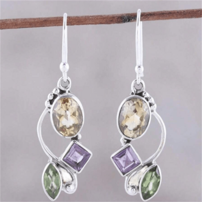 1 Pair Vintage Floral Pendant Earrings, Women Multicolor Synthetic Gemstone Dangle Earrings