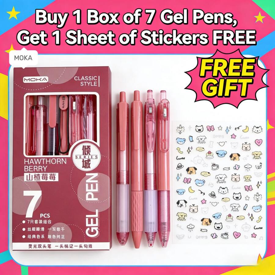 7 Pcs/Box Versatile Stationery Pen Set, Portable Gradient Design, 6 Black Ink Water-Based Pens & 1 Fluorescent Pen, Suitable For Campus Study, Business Paperwork, Note-Taking, Art Doodling, Study Planning And Daily Life Recording, Daily Office Work, Exam Revision, Sketch Creation, Diary Keeping, Handmade Creation And Class Memos - 紅色 - 查看 1