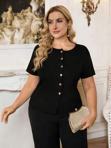 Áo khoác cardigan dệt kim mới dành cho nữ cỡ lớn, phù hợp cho mùa xuân và mùa hè, phong cách tối giản thanh lịch thường ngày, tay ngắn với cúc kim loại, áo len màu đen trơn thời trang dành cho công sở, áo khoác cardigan dệt kim tay ngắn ôm dáng màu đen với khóa kim loại. - màu đen - Xem 4