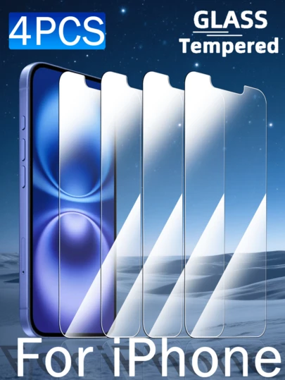 4pcs High Definition Tempered Glass Screen Protector Compatible With IPhone 17, 16, 15, 14, 13, 12, 11 Pro Max, Mini, XR, XS Max, SE2, SE3, 8, 7, 6 Plus, 17e, 16e, Supports Face ID, Anti-Oil, Fingerprint, Scratch, Drop, Smartphone Accessories