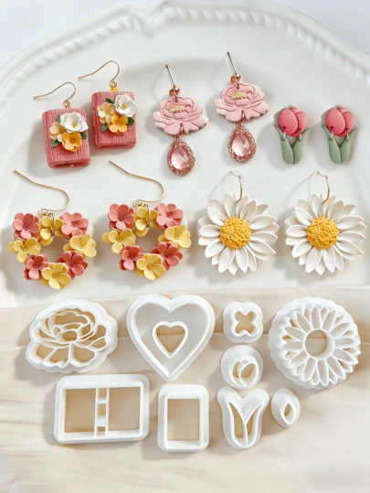 Jewelry Making Kit Peony Daisy Tulip Polymer Clay Cutters Set Heart & Book Shapes Molds For DIY Statement Earrings & Handmade Craft Tool