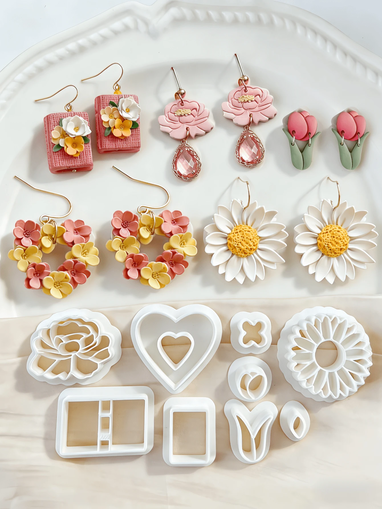 Jewelry Making Kit Peony Daisy Tulip Polymer Clay Cutters Set Heart & Book Shapes Molds For DIY Statement Earrings & Handmade Craft Tool - Sweet Clay Garden - View 1