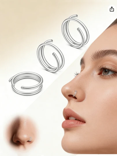 3个20G金黑银双鼻环，8毫米水晶光滑不锈钢鼻环，光滑款式，镶嵌装饰，0.8毫米/1毫米纤细双鼻环，男女通用，锆石鼻环，黑钻鼻饰礼品