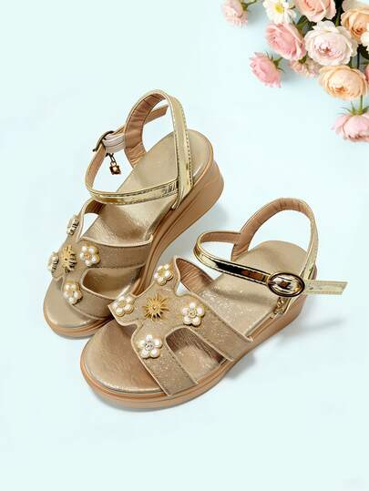 Giày sandal đế xuồng thời trang mùa hè màu vàng ánh kim cho bé gái, đính hoa giả lấp lánh, thích hợp cho kỳ nghỉ, tiệc tùng, mặc hàng ngày, mẫu sandal bán chạy nhất mùa hè.