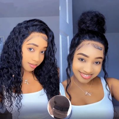 ZHENDEFA Hidden Strap 360 Lace Front Wigs Human Hair Water Wave Wig 200% Density Curly Human Hair Pre Cut 360 Lace Wear Go Glueless Wig Pre Plucked Natural Hairline For Women
