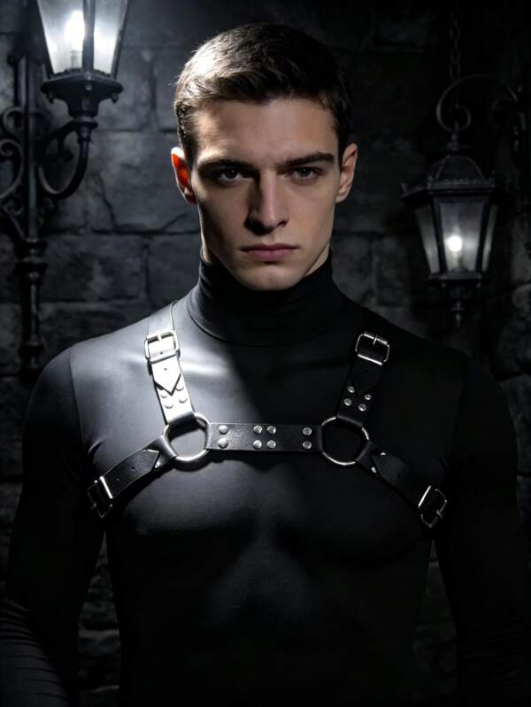 1件装 时尚黑色PU皮革朋克风男士肩带腰带 哥特式胸前抽绳肩带 适合日常穿着及节日情趣配饰，例如情人节、音乐节