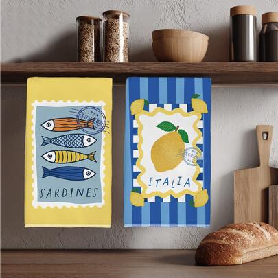 2pcs Summer Minimalist Barracuda Fish & Lemon Pattern Kitchen Towels, Soft Polyester Material Dish Cloths, Suitable For Kitchen Decor, Cleaning, Holiday Party Decoration, Kitchen & Bathroom Essentials, Home Decor, Housewarming Gift