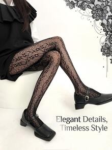 新款春夏渔网袜，法式复古花卉藤蔓图案，竖条纹镂空针织连裤袜 - 彩色 - 查看 10