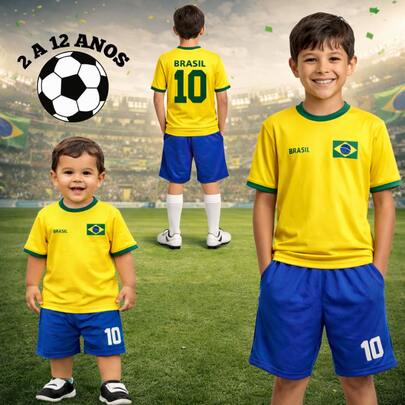 Conjunto Camiseta do Brasil Amarela + Bermuda Azul Futebol Copa Uniforme Brasileiro