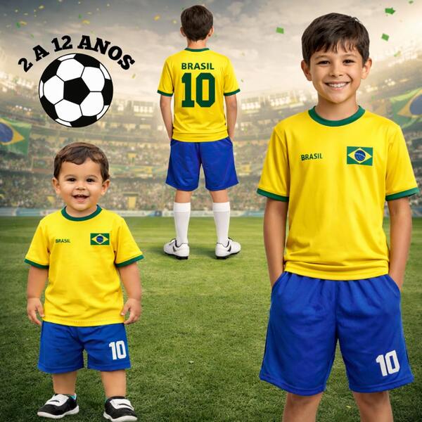 Conjunto Camiseta do Brasil Amarela + Bermuda Azul Futebol Copa Uniforme Brasileiro