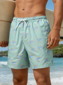 Shorts de playa con cintura con cordón y doble capa estampados para hombre - verde menta - Ver 2